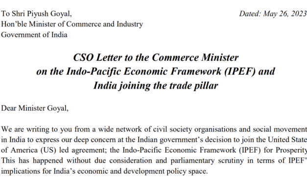 CSO Letter to the Commerce Minister on the Indo-Pacific Economic Framework (IPEF) and India joining the trade pillar